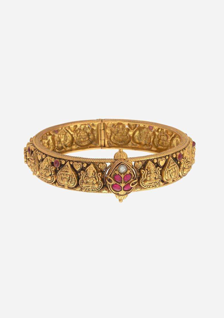 Embellished Bridal Red & White Gold-Plated Temple Bangle for Women | Traditional Temple Jewellery for Wedding & Festive Wear | Gift for Her - Indya
