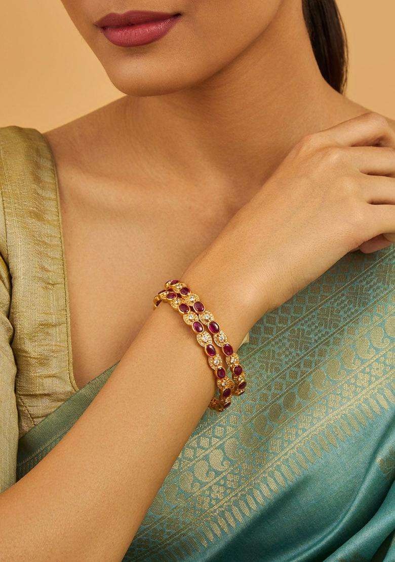 Embellished Bridal Set of 2 92.5 Gold-Plated Bangles for Women | Traditional Temple Jewellery for Wedding & Festive Wear | Gift for Her - Indya