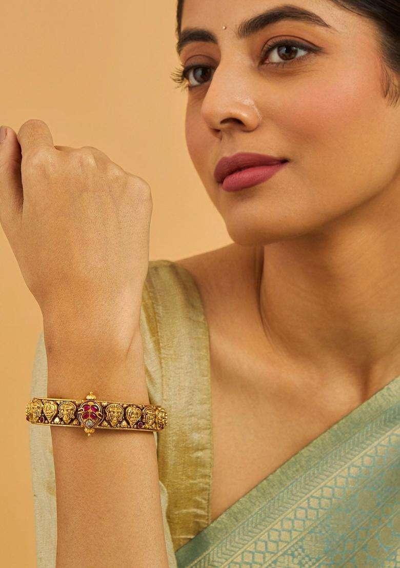 Embellished Bridal 92.5 Gold-Plated Bangle for Women | Traditional Temple Jewellery for Wedding & Festive Wear | Gift for Her - Indya