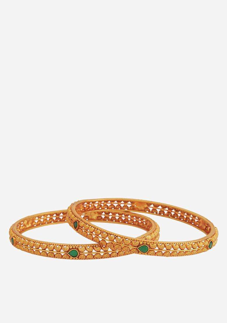 Gold-Plated Embellished Bridal Green 92.5 Silver Temple Bangle for Women | Traditional Temple Jewellery for Wedding & Festive Wear | Gift for Her - Indya
