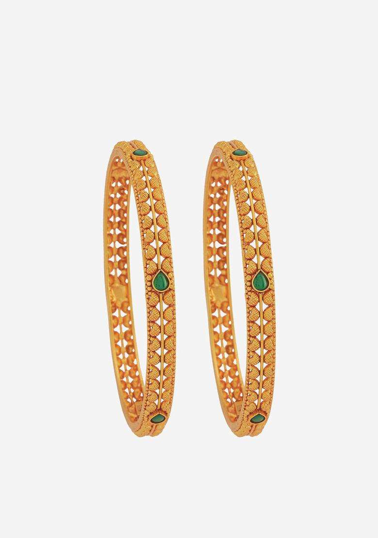 Gold-Plated Embellished Bridal Green 92.5 Silver Temple Bangle for Women | Traditional Temple Jewellery for Wedding & Festive Wear | Gift for Her - Indya