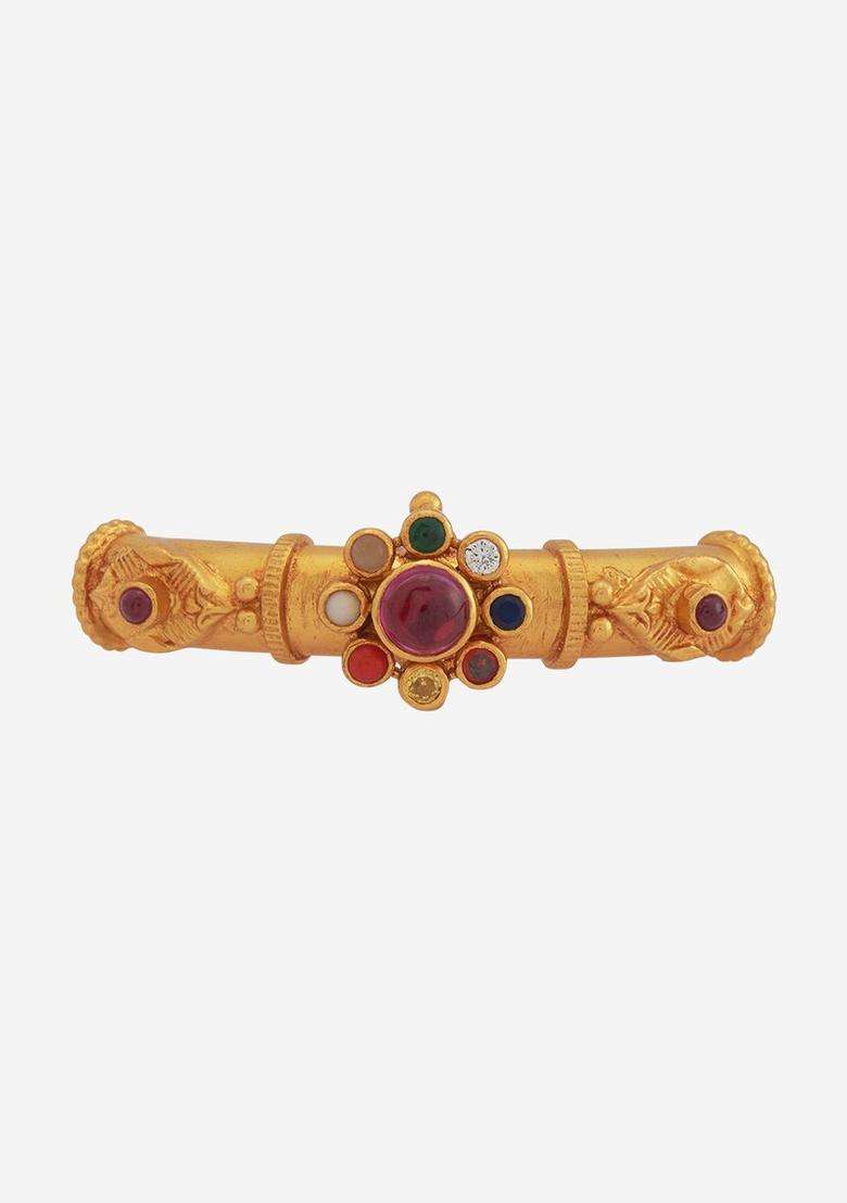Embellished Bridal 92.5 Silver Gold-Plated Stone-Studded Bangle for Women | Traditional Temple Jewellery for Wedding & Festive Wear | Gift for Her - Indya