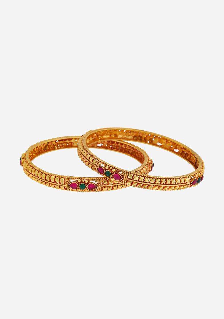 Gold-Plated Embellished Bridal Pack of 2 92.5 Silver Temple Bangle for Women | Traditional Temple Jewellery for Wedding & Festive Wear | Gift for Her - Indya