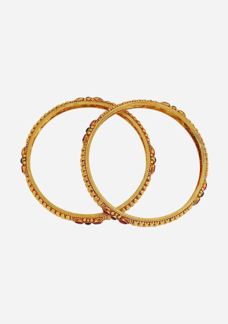 Gold-Plated Embellished Bridal Pack of 2 92.5 Silver Temple Bangle for Women | Traditional Temple Jewellery for Wedding & Festive Wear | Gift for Her - Indya