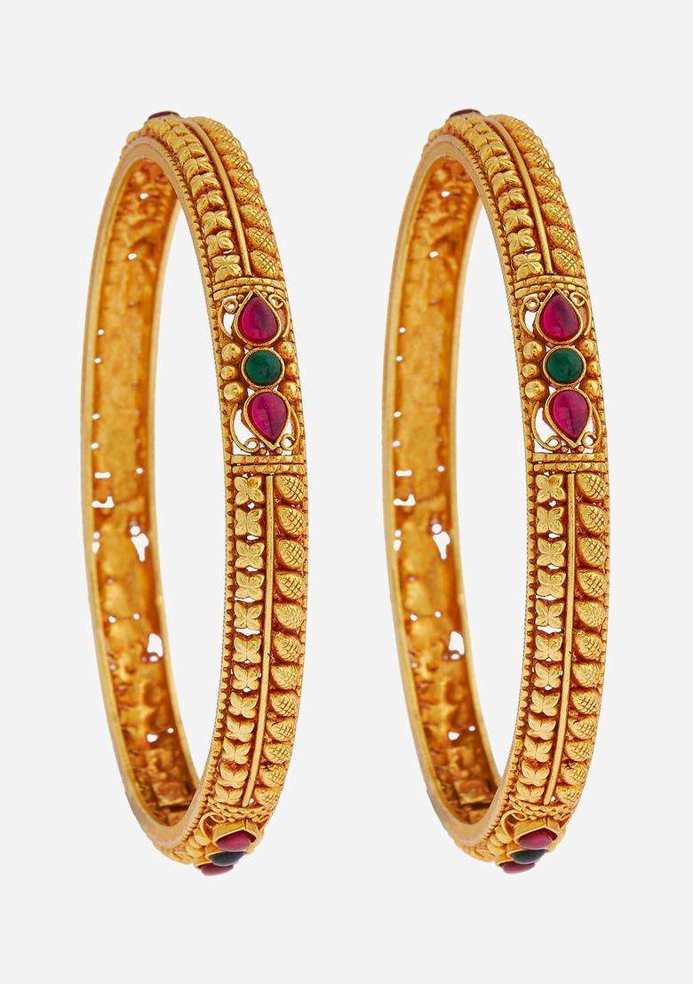 Gold-Plated Embellished Bridal Pack of 2 92.5 Silver Temple Bangle for Women | Traditional Temple Jewellery for Wedding & Festive Wear | Gift for Her - Indya