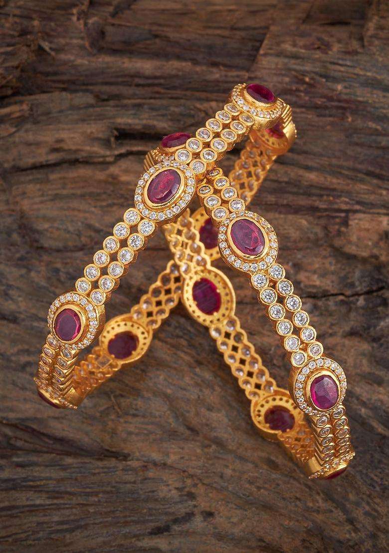 Pack of 2 Gold-Plated Artificial Stones Studded Bangles for Women | Traditional Temple Jewellery for Wedding & Festive Wear | Gift for Her - Indya