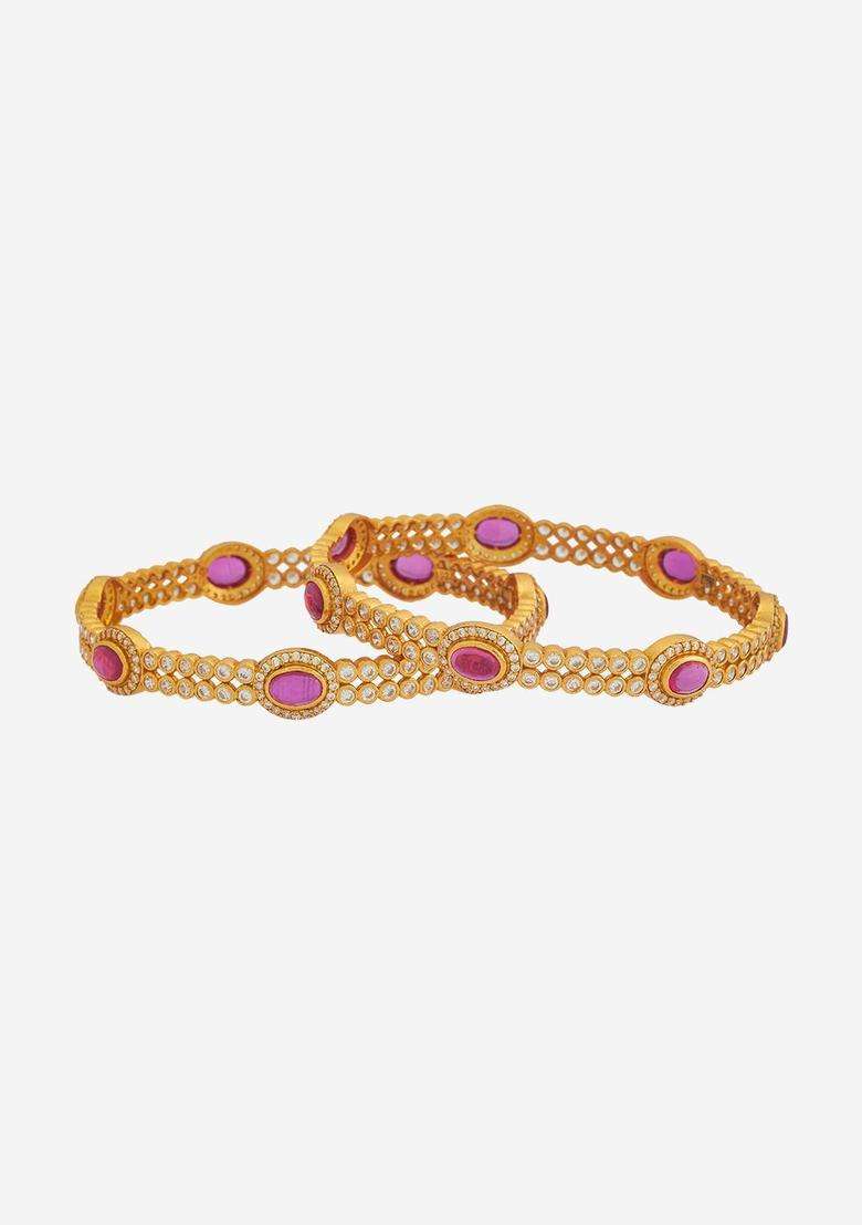 Pack of 2 Gold-Plated Artificial Stones Studded Bangles for Women | Traditional Temple Jewellery for Wedding & Festive Wear | Gift for Her - Indya