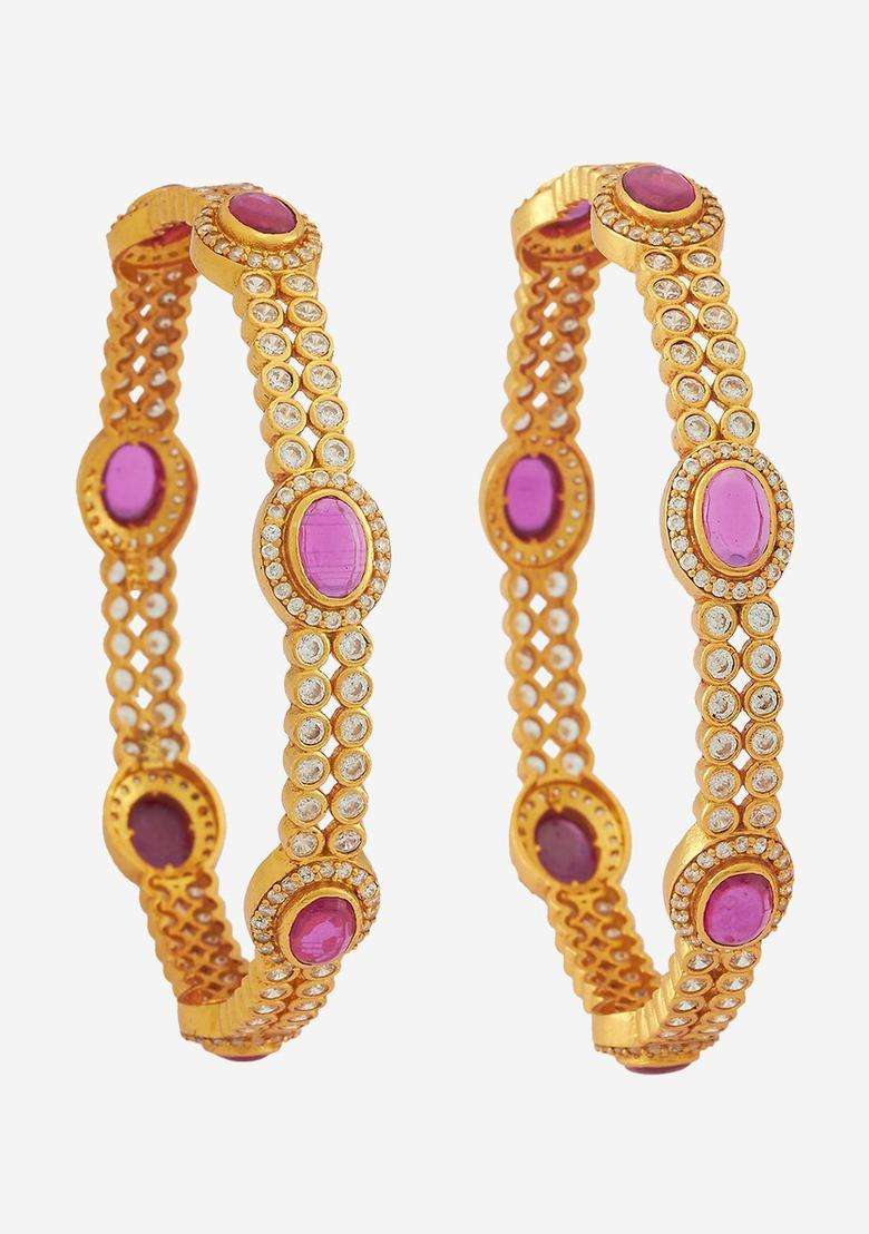 Pack of 2 Gold-Plated Artificial Stones Studded Bangles for Women | Traditional Temple Jewellery for Wedding & Festive Wear | Gift for Her - Indya