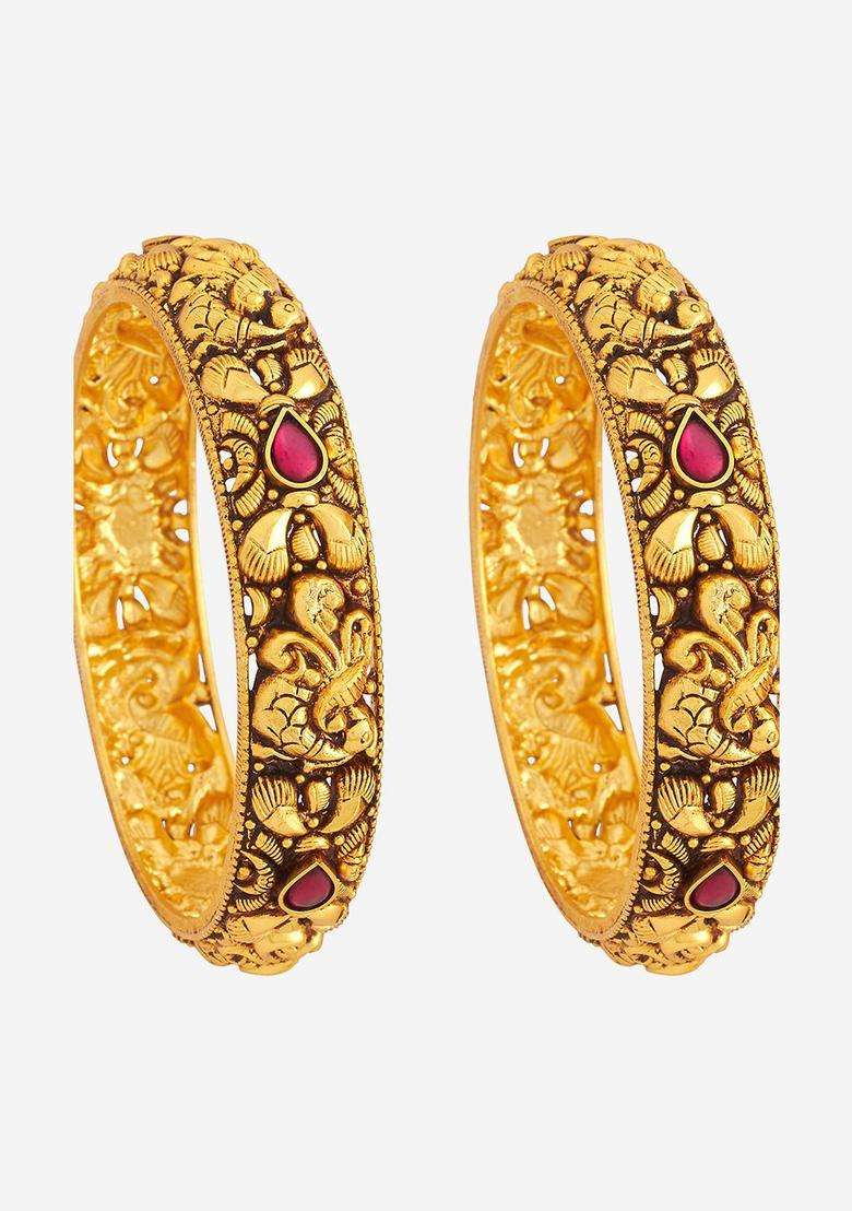 Pack of 2 Gold-Plated Artificial Stones Studded Bangles for Women | Traditional Temple Jewellery for Wedding & Festive Wear | Gift for Her - Indya