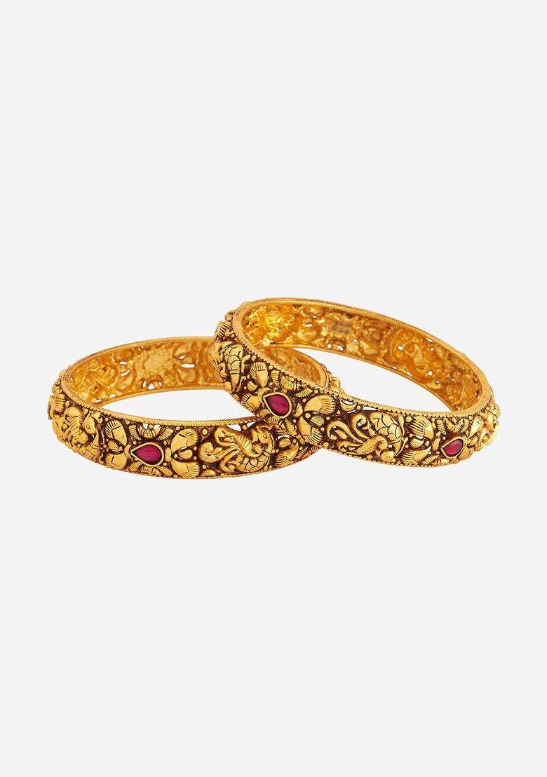 Pack of 2 Gold-Plated Artificial Stones Studded Bangles for Women | Traditional Temple Jewellery for Wedding & Festive Wear | Gift for Her - Indya