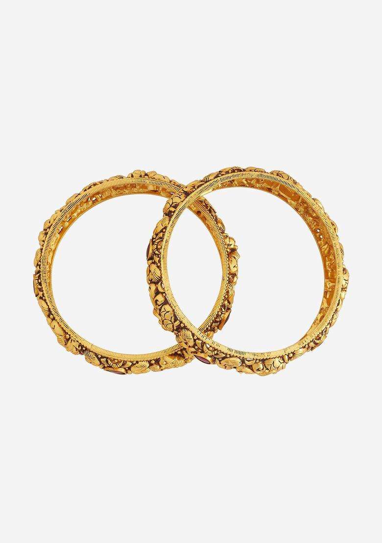 Pack of 2 Gold-Plated Artificial Stones Studded Bangles for Women | Traditional Temple Jewellery for Wedding & Festive Wear | Gift for Her - Indya