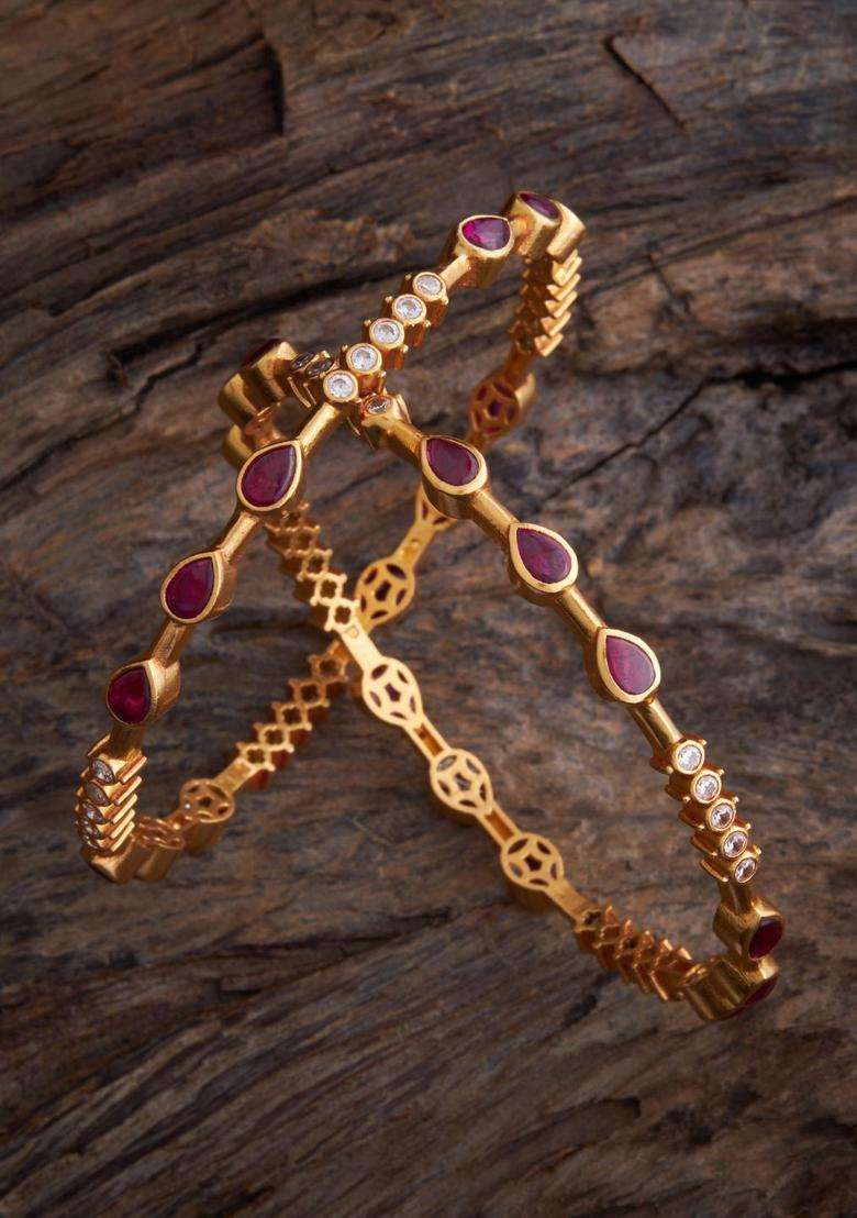 Gold-Plated Embellished Bridal Set of 2 92.5 Silver Stone Bangles for Women | Traditional Temple Jewellery for Wedding & Festive Wear | Gift for Her - Indya