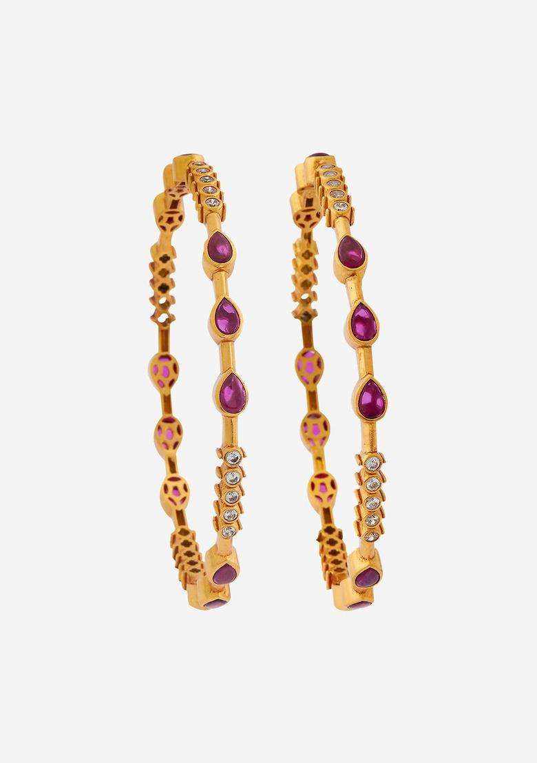 Gold-Plated Embellished Bridal Set of 2 92.5 Silver Stone Bangles for Women | Traditional Temple Jewellery for Wedding & Festive Wear | Gift for Her - Indya