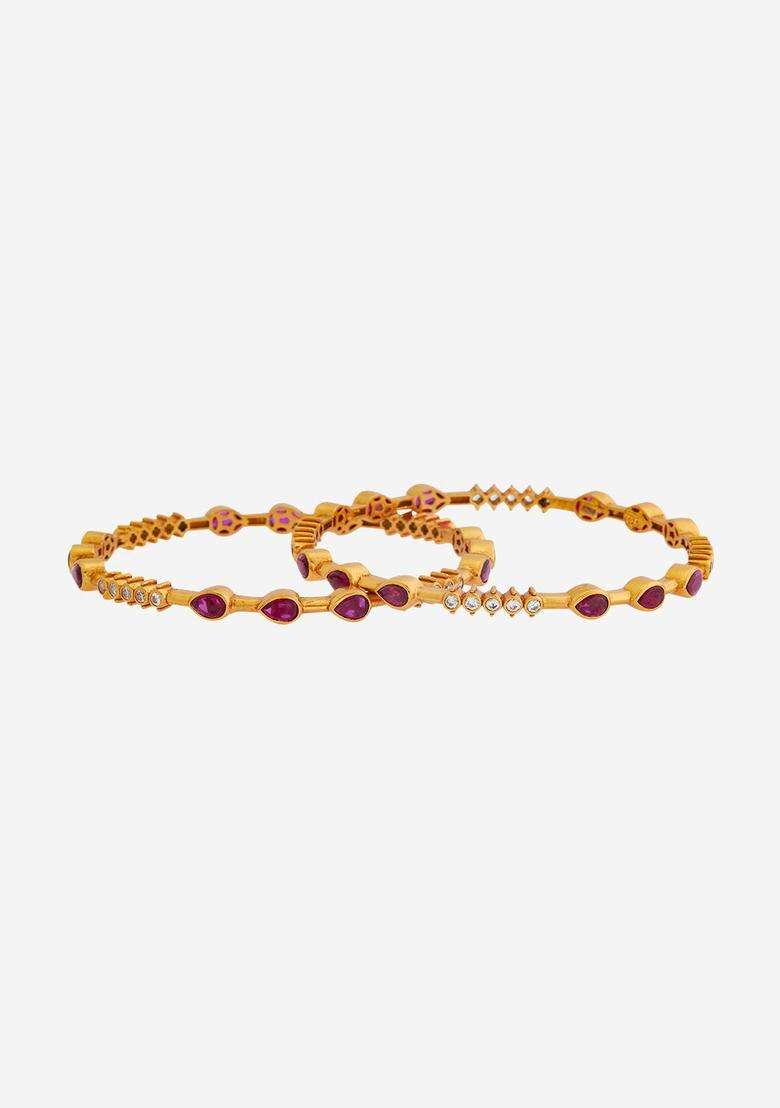 Gold-Plated Embellished Bridal Set of 2 92.5 Silver Stone Bangles for Women | Traditional Temple Jewellery for Wedding & Festive Wear | Gift for Her - Indya