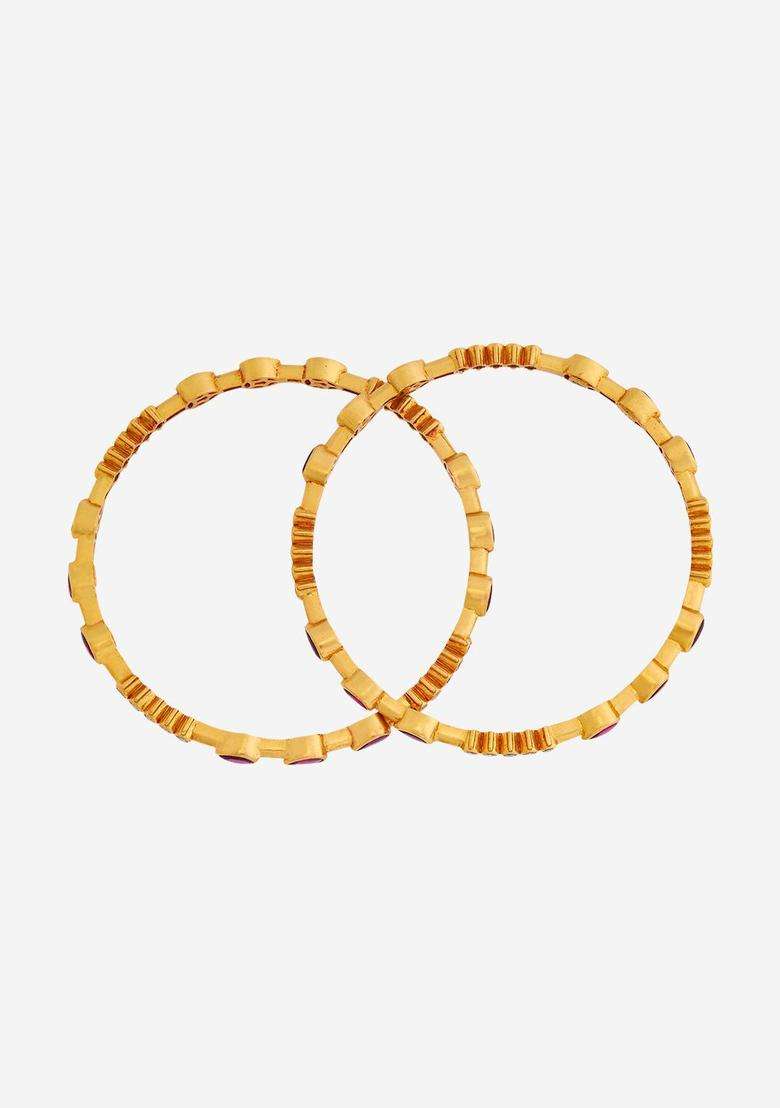 Gold-Plated Embellished Bridal Set of 2 92.5 Silver Stone Bangles for Women | Traditional Temple Jewellery for Wedding & Festive Wear | Gift for Her - Indya