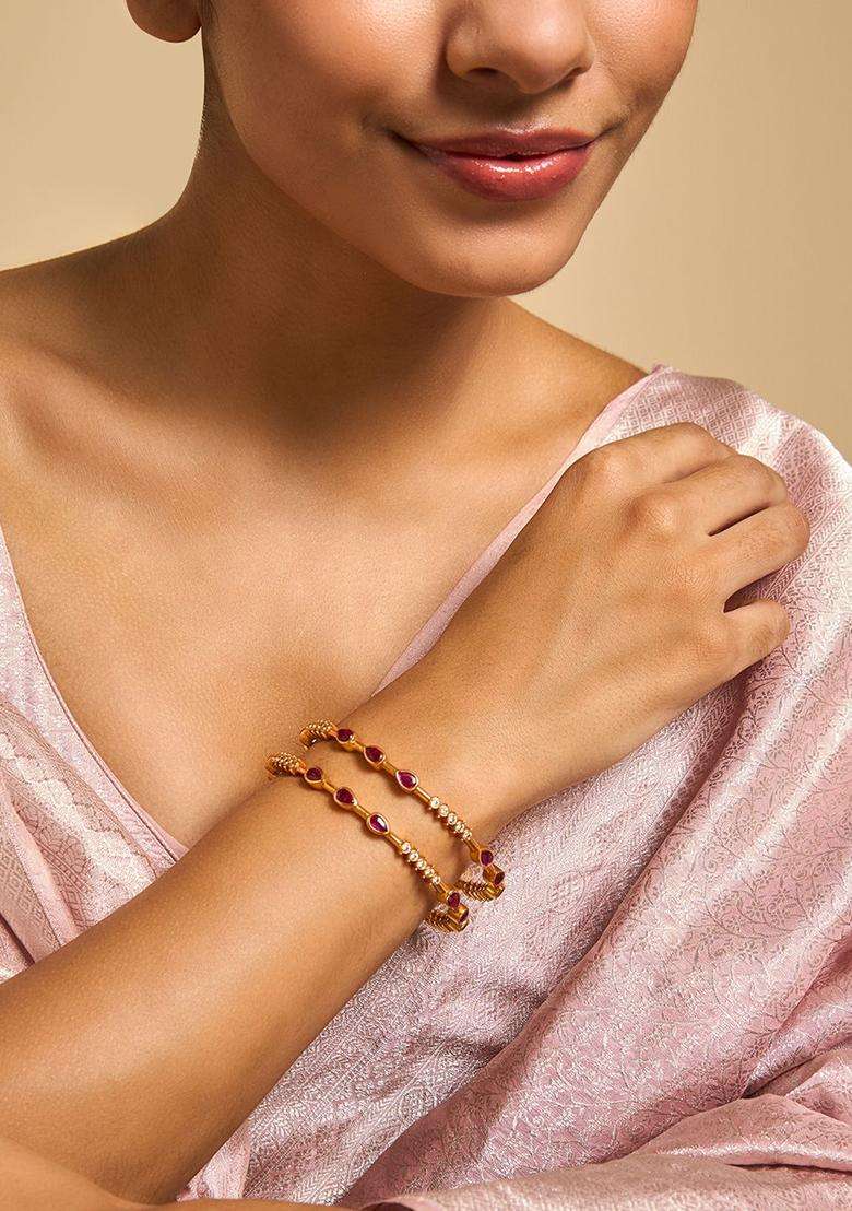 Set of 2 92.5 Pure Silver Gold-Plated Stone-Studded Bangles for Women | Traditional Temple Jewellery for Wedding & Festive Wear | Gift for Her - Indya