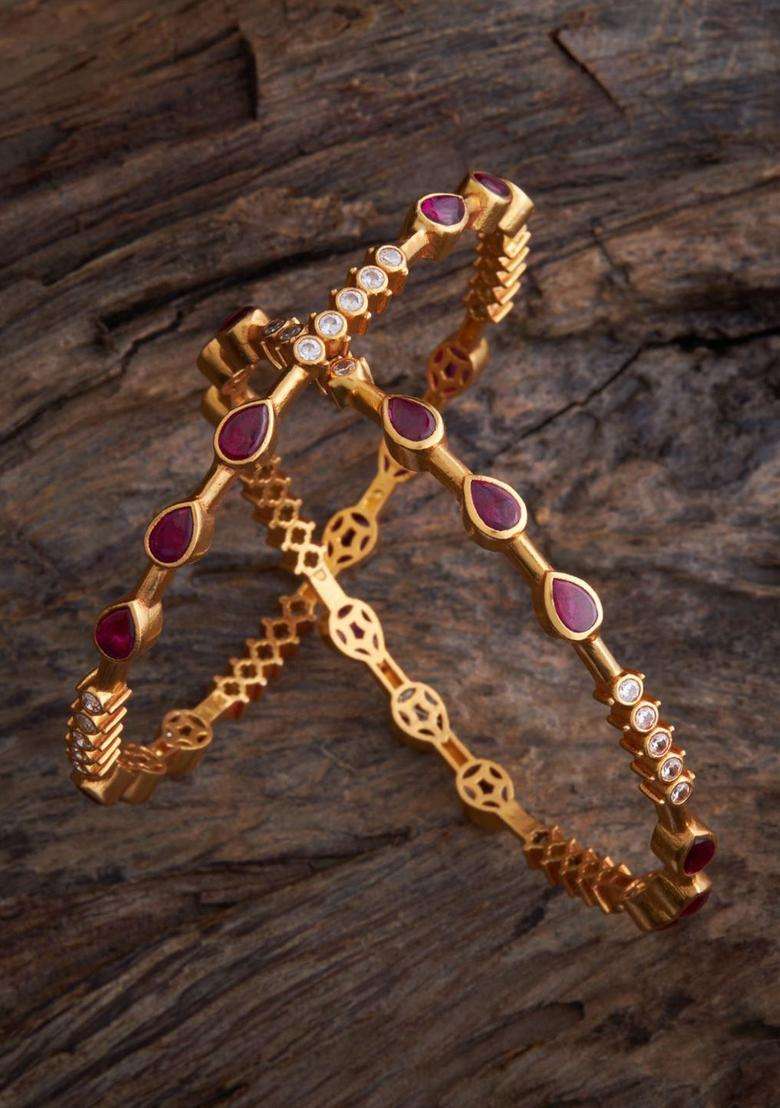 Set of 2 92.5 Pure Silver Gold-Plated Stone-Studded Bangles for Women | Traditional Temple Jewellery for Wedding & Festive Wear | Gift for Her - Indya