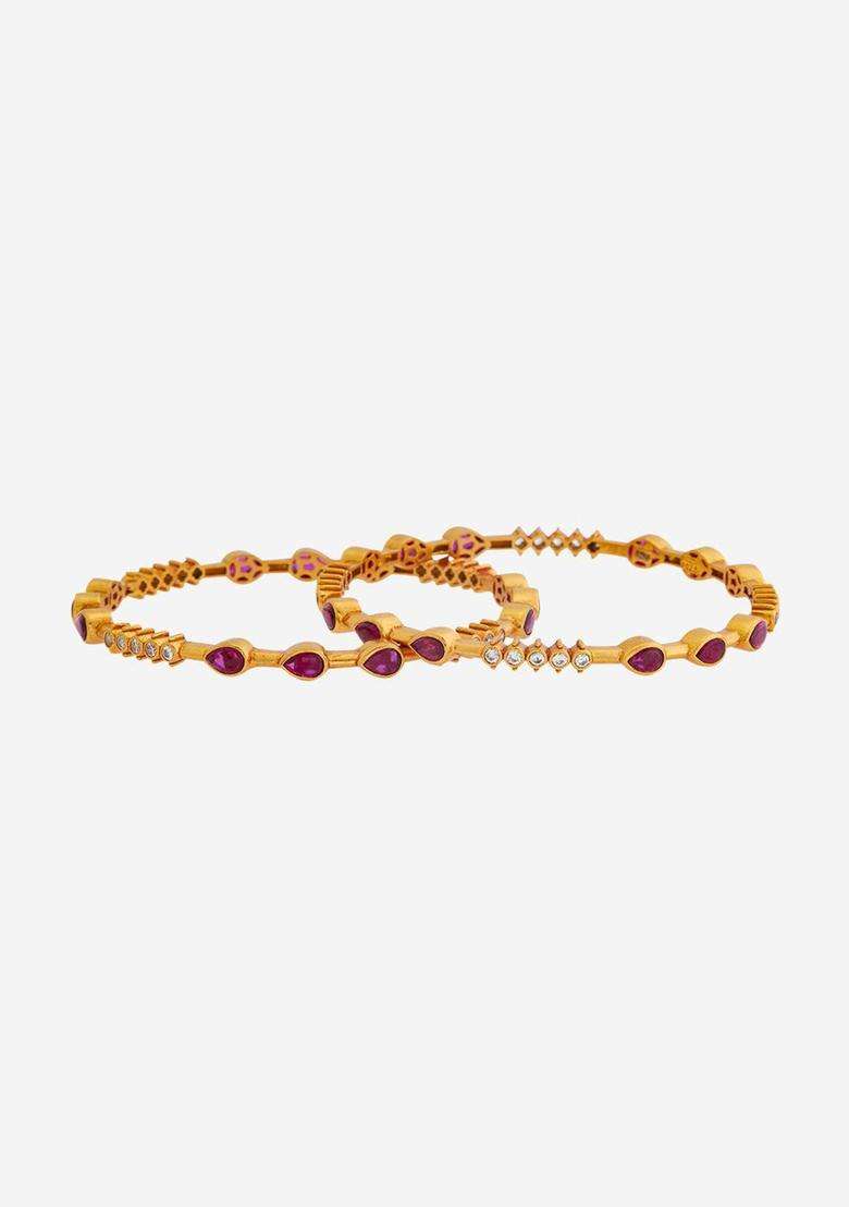 Set of 2 92.5 Pure Silver Gold-Plated Stone-Studded Bangles for Women | Traditional Temple Jewellery for Wedding & Festive Wear | Gift for Her - Indya
