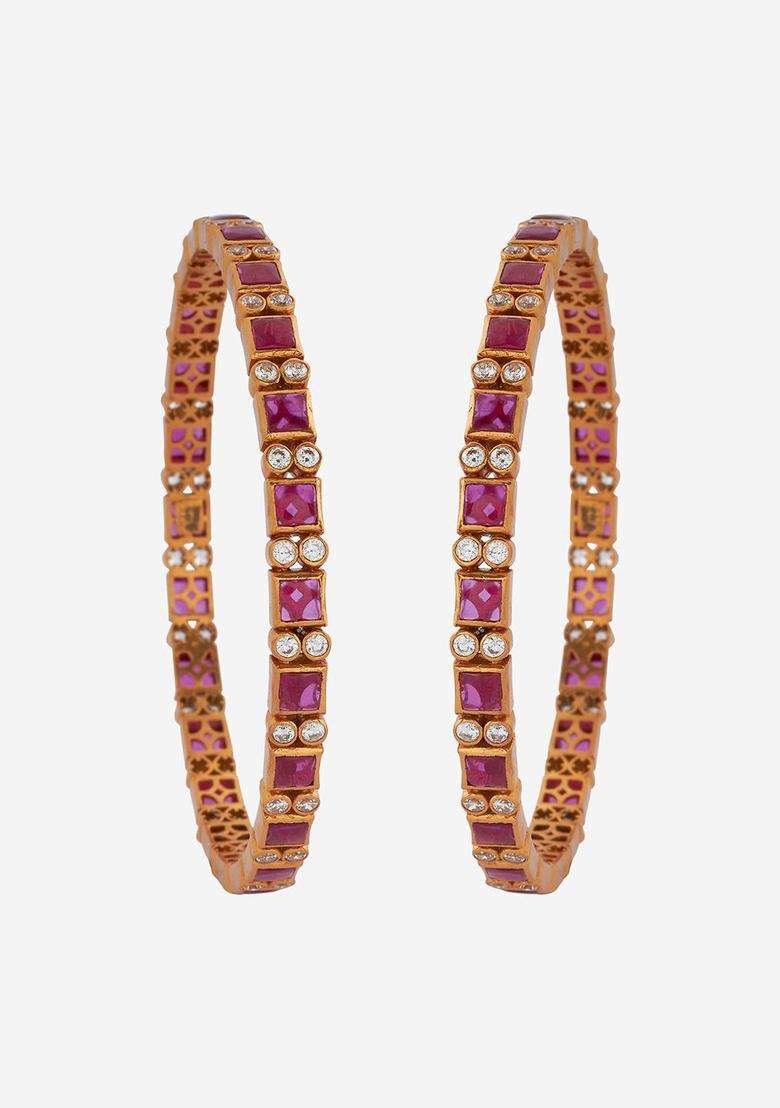 Gold-Plated Embellished Bridal Set of 2 92.5 Pure Silver Temple Bangles with American Diamond for Women | Traditional Temple Jewellery for Wedding & Festive Wear | Gift for Her - Indya