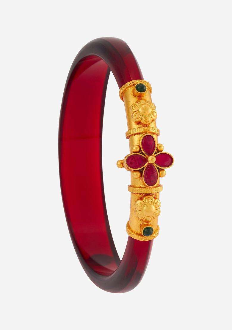 Embellished Bridal 92.5 Silver Gold-Plated Stone Temple Bangle for Women | Traditional Temple Jewellery for Wedding & Festive Wear | Gift for Her - Indya