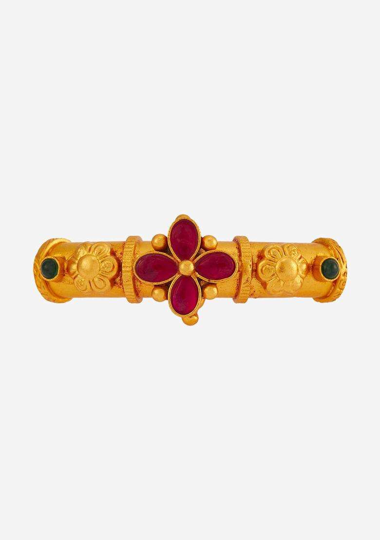 Embellished Bridal 92.5 Silver Gold-Plated Stone Temple Bangle for Women | Traditional Temple Jewellery for Wedding & Festive Wear | Gift for Her - Indya