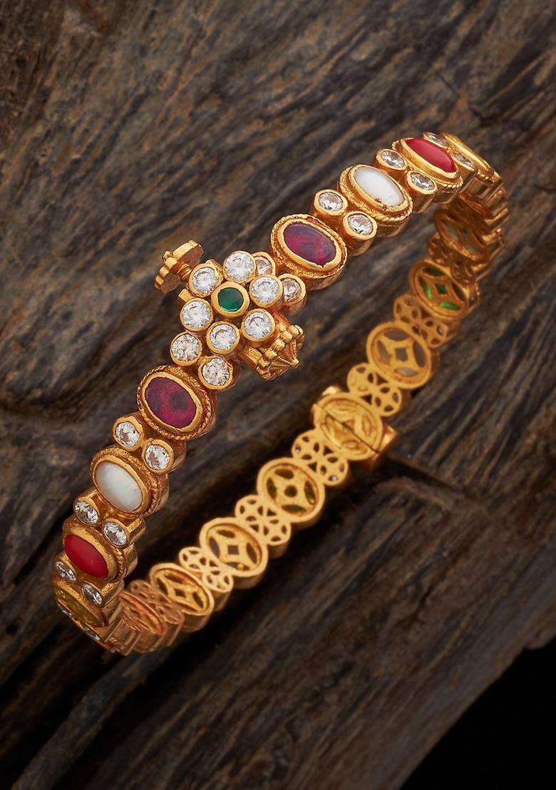 Gold-Plated Embellished Bridal Navaratna 92.5 Silver Temple Bangle for Women | Traditional Temple Jewellery for Wedding & Festive Wear | Gift for Her - Indya
