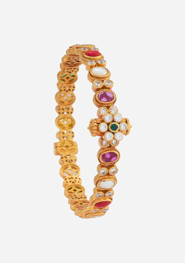 Gold-Plated Embellished Bridal Navaratna 92.5 Silver Temple Bangle for Women | Traditional Temple Jewellery for Wedding & Festive Wear | Gift for Her - Indya
