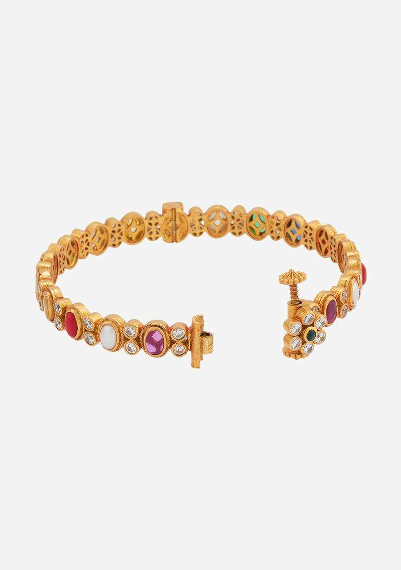 Gold-Plated Embellished Bridal Navaratna 92.5 Silver Temple Bangle for Women | Traditional Temple Jewellery for Wedding & Festive Wear | Gift for Her - Indya