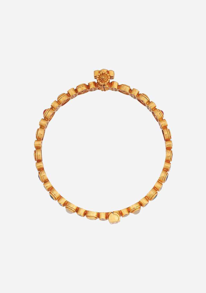 Gold-Plated Embellished Bridal Navaratna 92.5 Silver Temple Bangle for Women | Traditional Temple Jewellery for Wedding & Festive Wear | Gift for Her - Indya