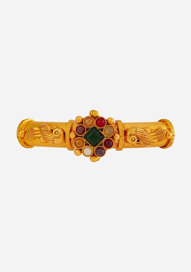 Gold-Plated Embellished Bridal & Stone 92.5 Silver Temple Bangle for Women | Traditional Temple Jewellery for Wedding & Festive Wear | Gift for Her - Indya