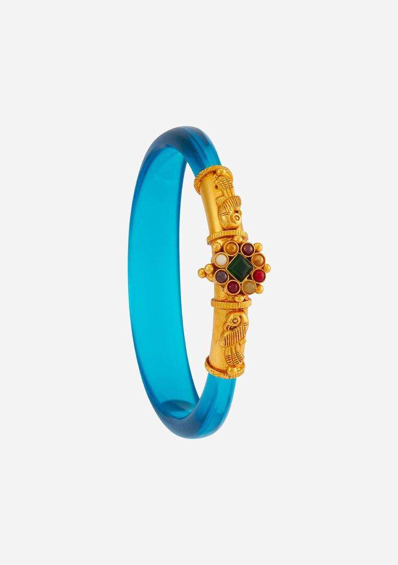 Gold-Plated Embellished Bridal & Stone 92.5 Silver Temple Bangle for Women | Traditional Temple Jewellery for Wedding & Festive Wear | Gift for Her - Indya