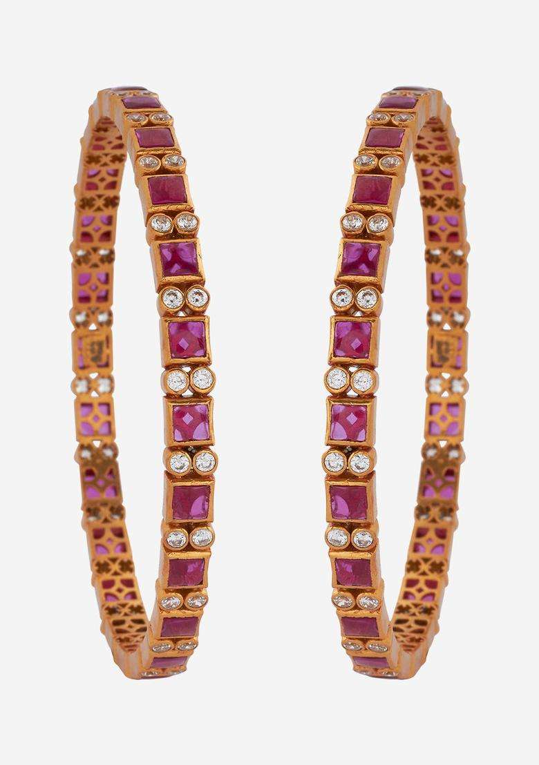 Gold-Plated Embellished Bridal Set of 2 92.5 Silver Ruby AD- Bangles for Women | Traditional Temple Jewellery for Wedding & Festive Wear | Gift for Her - Indya