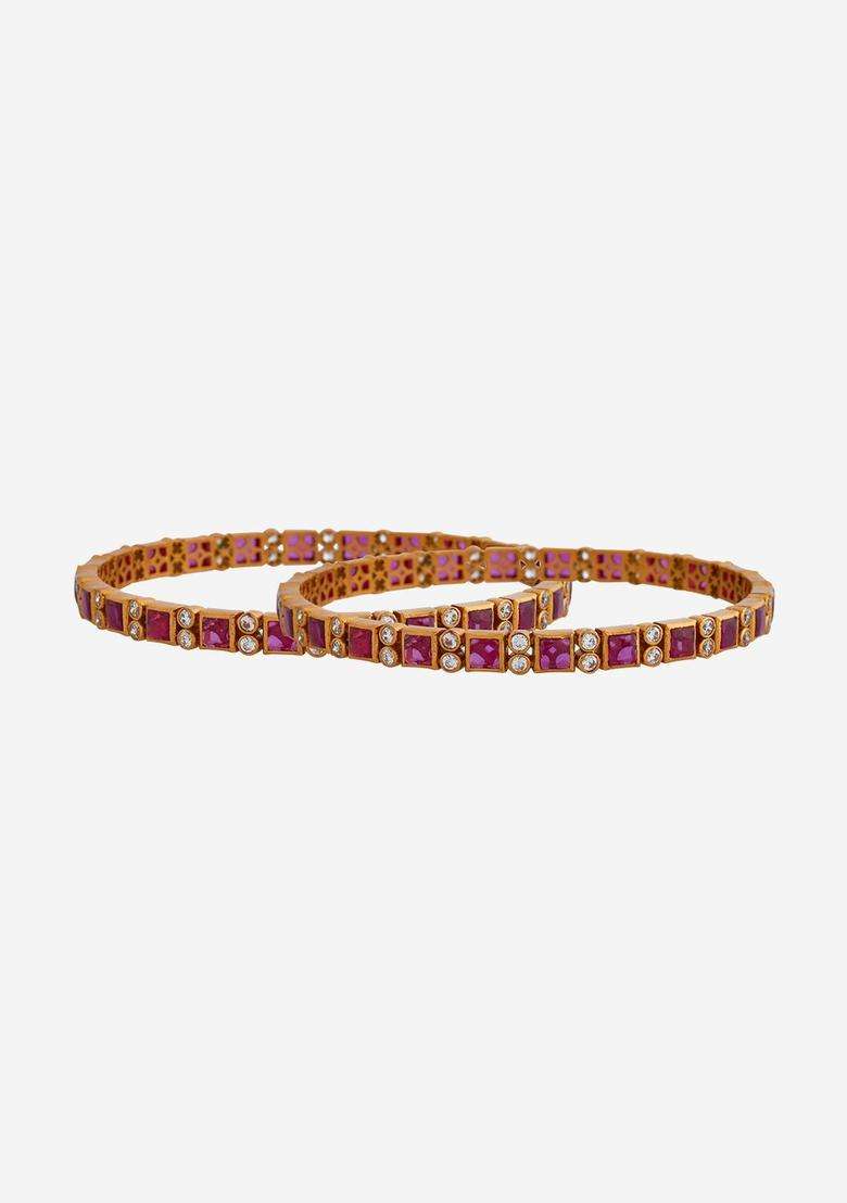 Gold-Plated Embellished Bridal Set of 2 92.5 Silver Ruby AD- Bangles for Women | Traditional Temple Jewellery for Wedding & Festive Wear | Gift for Her - Indya