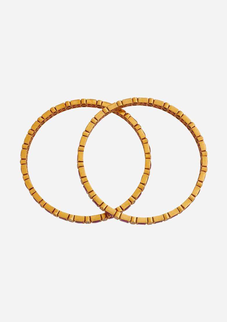 Gold-Plated Embellished Bridal Set of 2 92.5 Silver Ruby AD- Bangles for Women | Traditional Temple Jewellery for Wedding & Festive Wear | Gift for Her - Indya