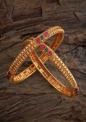 Gold-Plated Embellished Bridal Set of 2 92.5 Silver Ruby Bangles for Women | Traditional Temple Jewellery for Wedding & Festive Wear | Gift for Her