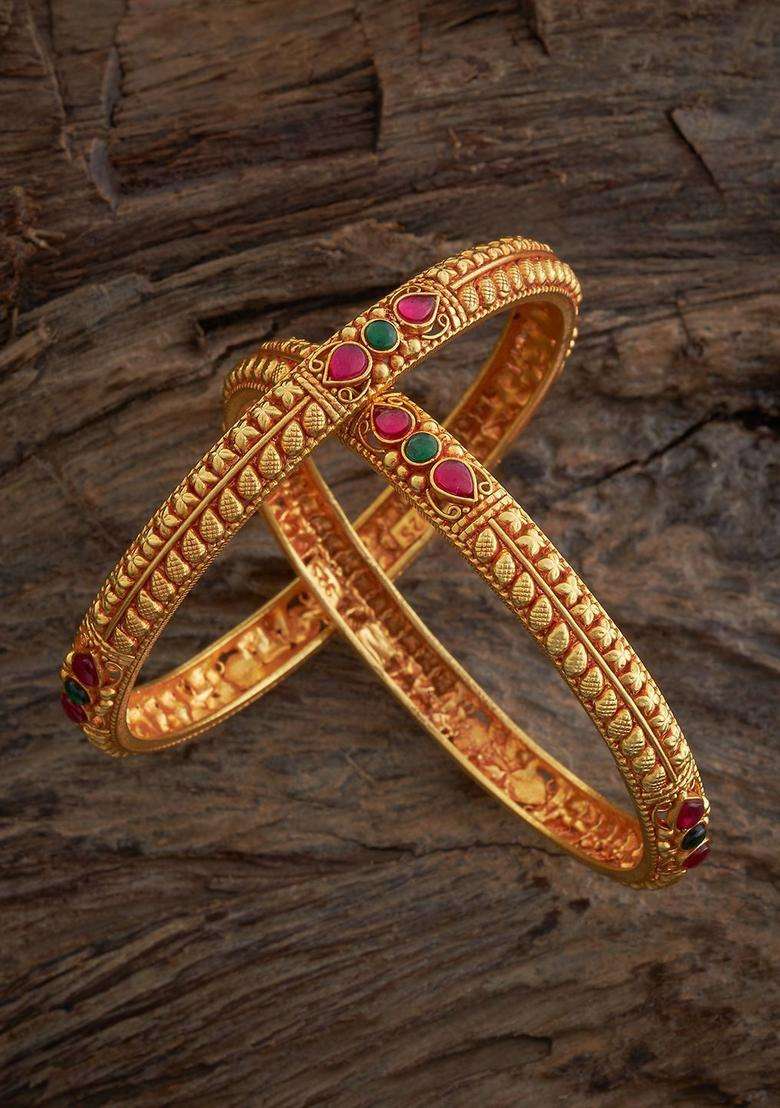 Gold-Plated Embellished Bridal Set of 2 92.5 Silver Ruby Bangles for Women | Traditional Temple Jewellery for Wedding & Festive Wear | Gift for Her - Indya