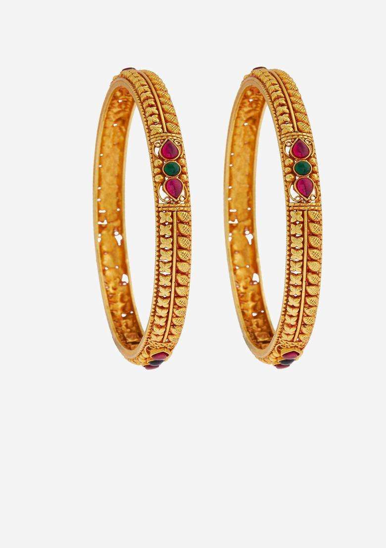 Gold-Plated Embellished Bridal Set of 2 92.5 Silver Ruby Bangles for Women | Traditional Temple Jewellery for Wedding & Festive Wear | Gift for Her - Indya