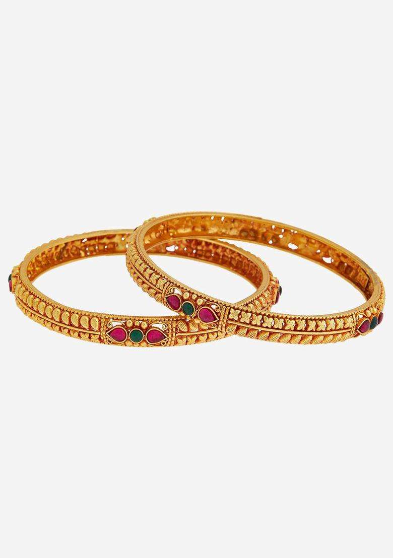Gold-Plated Embellished Bridal Set of 2 92.5 Silver Ruby Bangles for Women | Traditional Temple Jewellery for Wedding & Festive Wear | Gift for Her - Indya