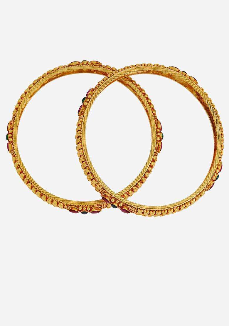 Gold-Plated Embellished Bridal Set of 2 92.5 Silver Ruby Bangles for Women | Traditional Temple Jewellery for Wedding & Festive Wear | Gift for Her - Indya
