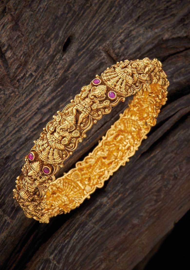 Gold-Plated Embellished Bridal 92.5 Silver Temple Single Bangle for Women | Traditional Temple Jewellery for Wedding & Festive Wear | Gift for Her - Indya