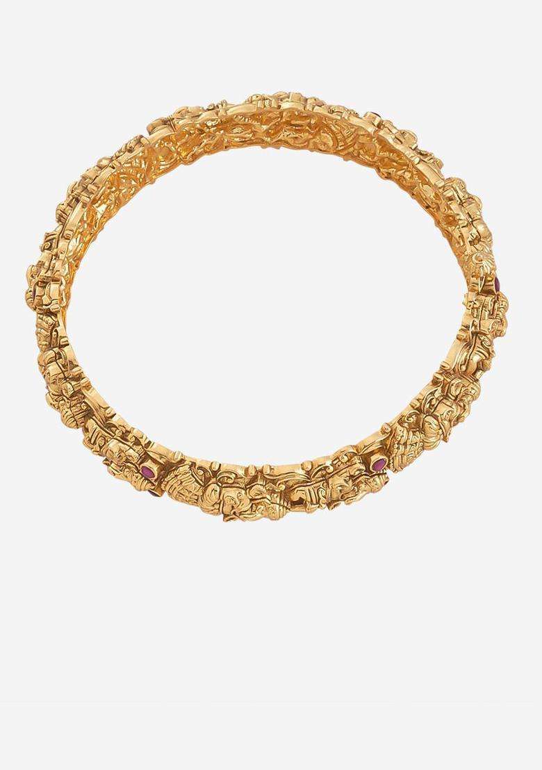 Gold-Plated Embellished Bridal 92.5 Silver Temple Single Bangle for Women | Traditional Temple Jewellery for Wedding & Festive Wear | Gift for Her - Indya