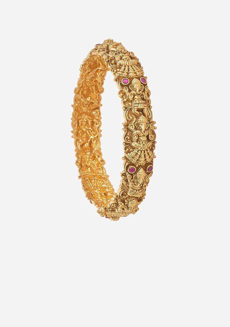 Gold-Plated Embellished Bridal 92.5 Silver Temple Single Bangle for Women | Traditional Temple Jewellery for Wedding & Festive Wear | Gift for Her - Indya