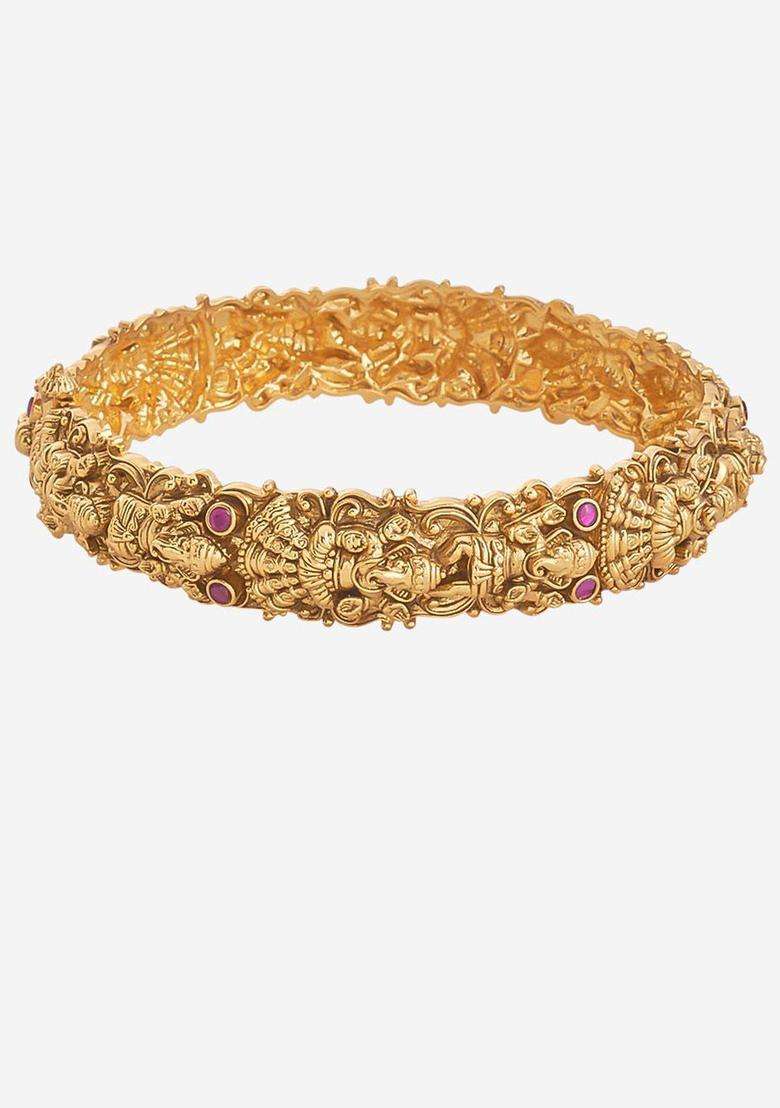 Gold-Plated Embellished Bridal 92.5 Silver Temple Single Bangle for Women | Traditional Temple Jewellery for Wedding & Festive Wear | Gift for Her - Indya