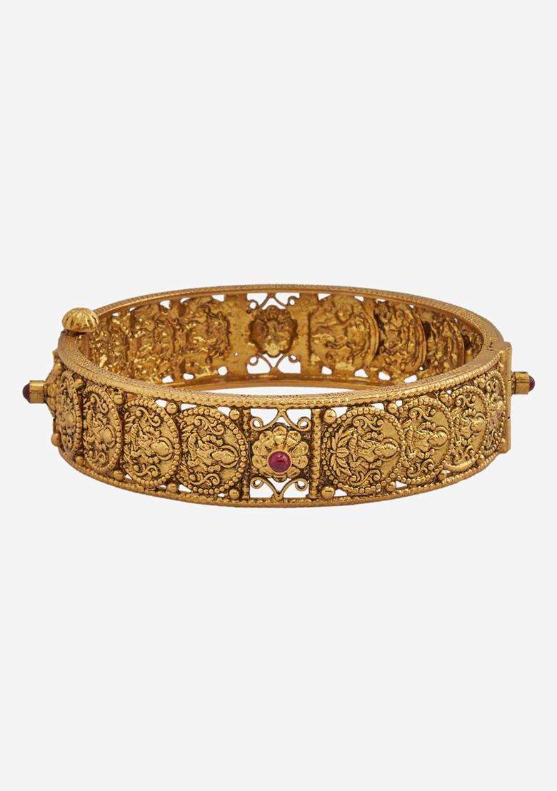 92.5 Pure Silver Gold-Plated Temple Ruby Ethnic Bangle for Women | Traditional Temple Jewellery for Wedding & Festive Wear | Gift for Her - Indya