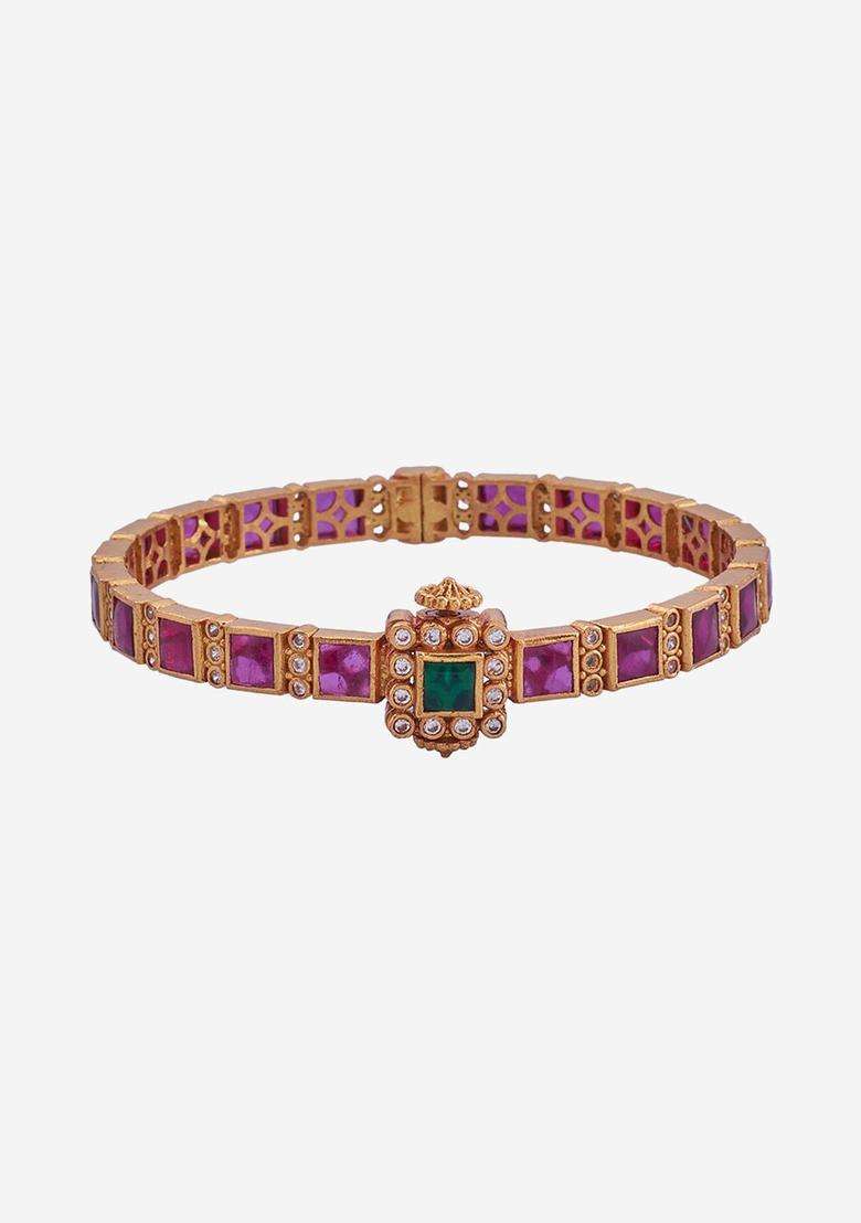 Embellished Bridal 92.5 Silver Gold-Plated Stone Studded Bangle for Women | Traditional Temple Jewellery for Wedding & Festive Wear | Gift for Her - Indya