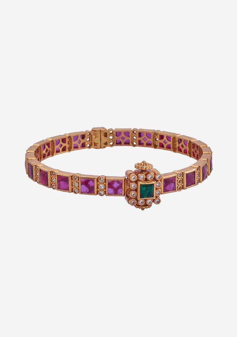 Embellished Bridal 92.5 Silver Gold-Plated Stone Studded Bangle for Women | Traditional Temple Jewellery for Wedding & Festive Wear | Gift for Her - Indya