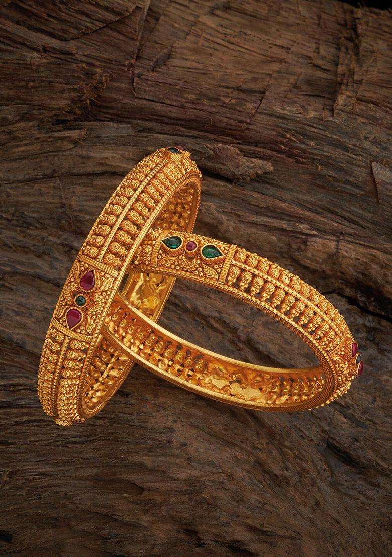 Gold-Plated Set of 2 92.5 Pure Silver Temple Stones Studded Bangles for Women | Traditional Temple Jewellery for Wedding & Festive Wear | Gift for Her - Indya
