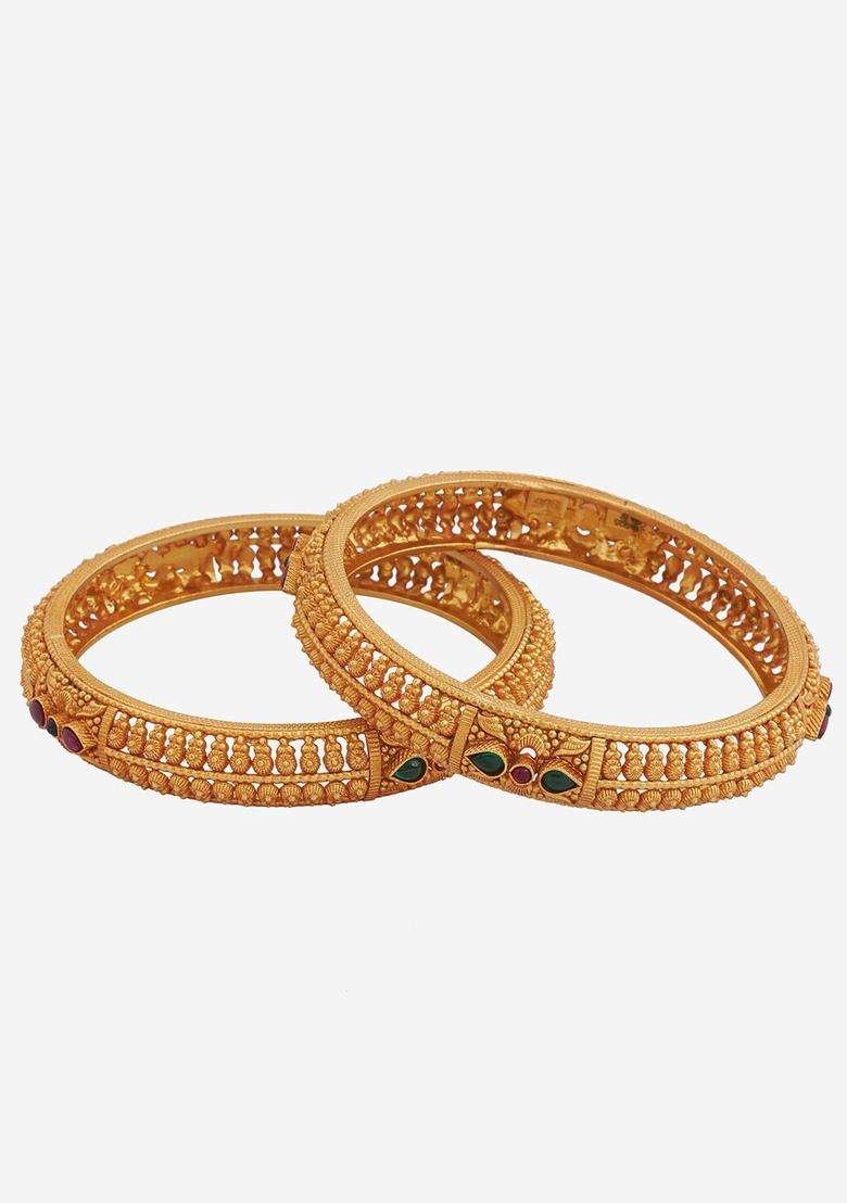 Gold-Plated Set of 2 92.5 Pure Silver Temple Stones Studded Bangles for Women | Traditional Temple Jewellery for Wedding & Festive Wear | Gift for Her - Indya