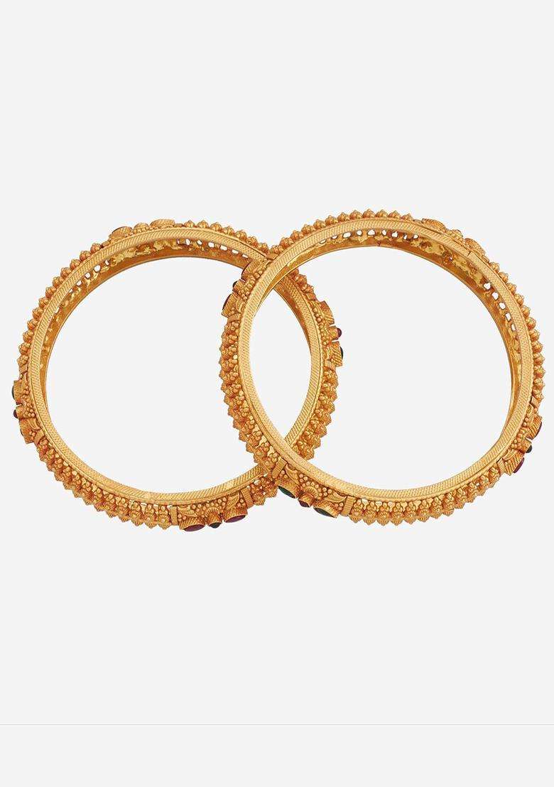 Gold-Plated Set of 2 92.5 Pure Silver Temple Stones Studded Bangles for Women | Traditional Temple Jewellery for Wedding & Festive Wear | Gift for Her - Indya