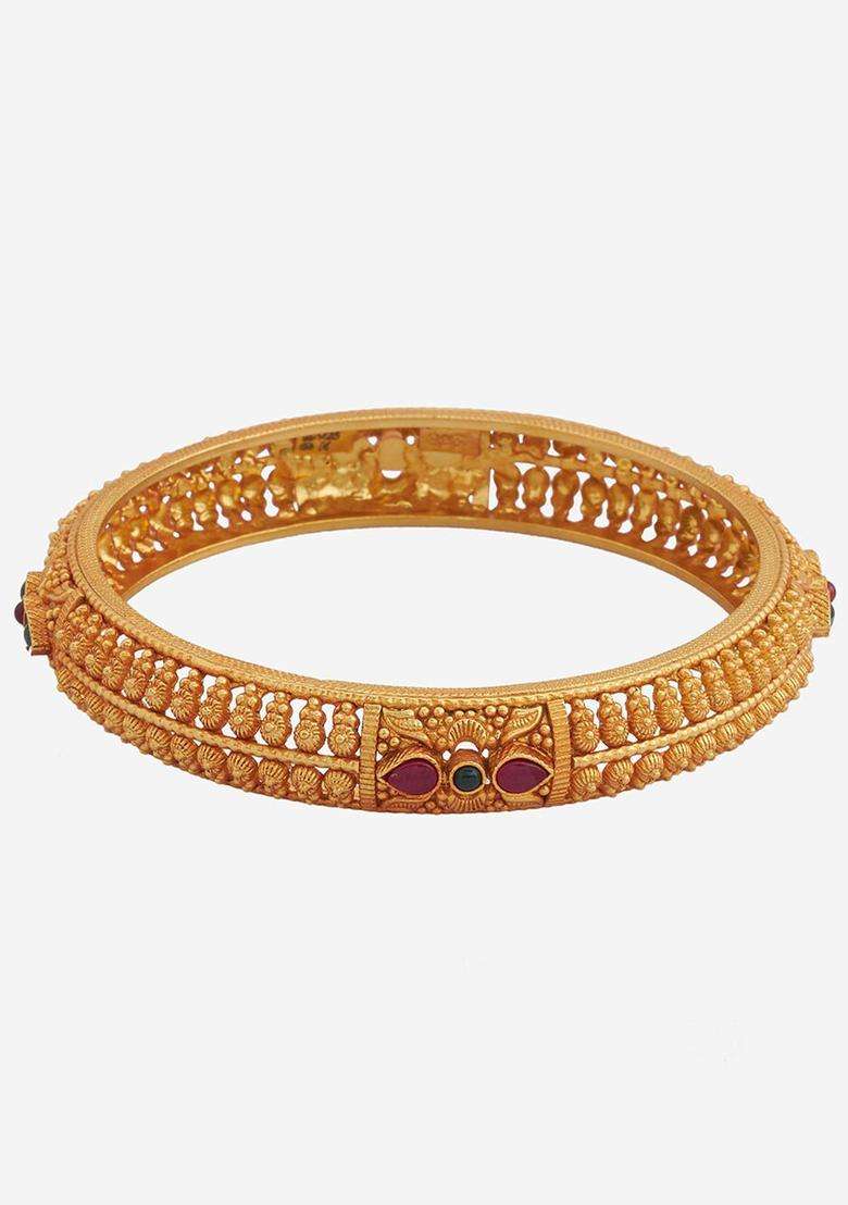 Gold-Plated Set of 2 92.5 Pure Silver Temple Stones Studded Bangles for Women | Traditional Temple Jewellery for Wedding & Festive Wear | Gift for Her - Indya